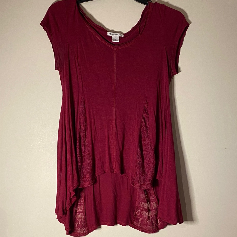 Adobe Star Deep Red Tunic Top with lace panels flared bottom oversized Medium